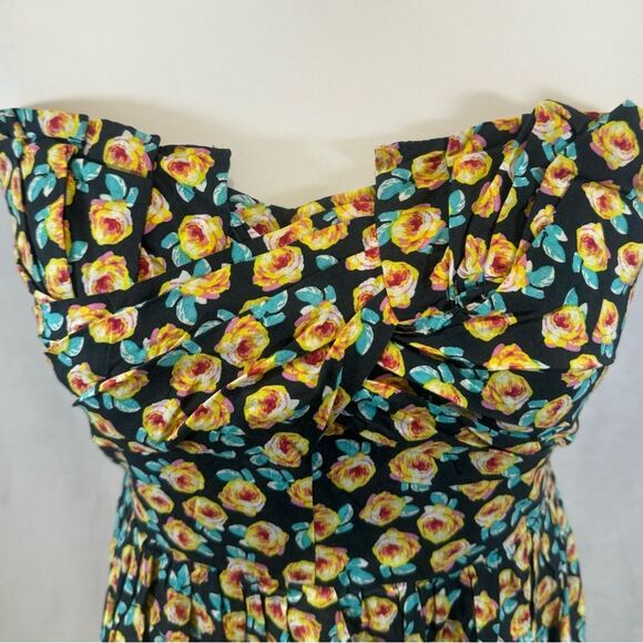 Yellow ditsy floral pleated ruffle sweetheart neck strapless cotton dress size 7 - Picture 2 of 5